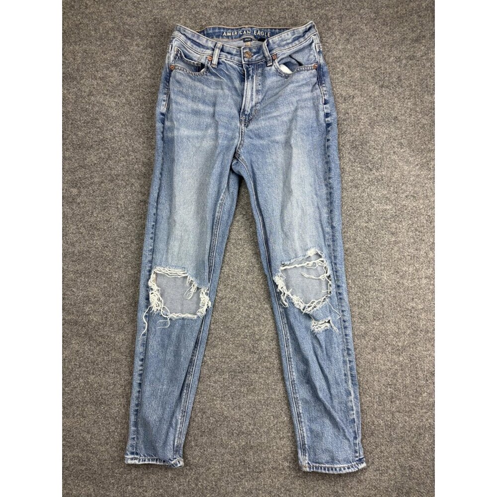 American Eagle Jeans Womens 2 Blue Mom‎ Jean Strigid Distressed Ripped Knees